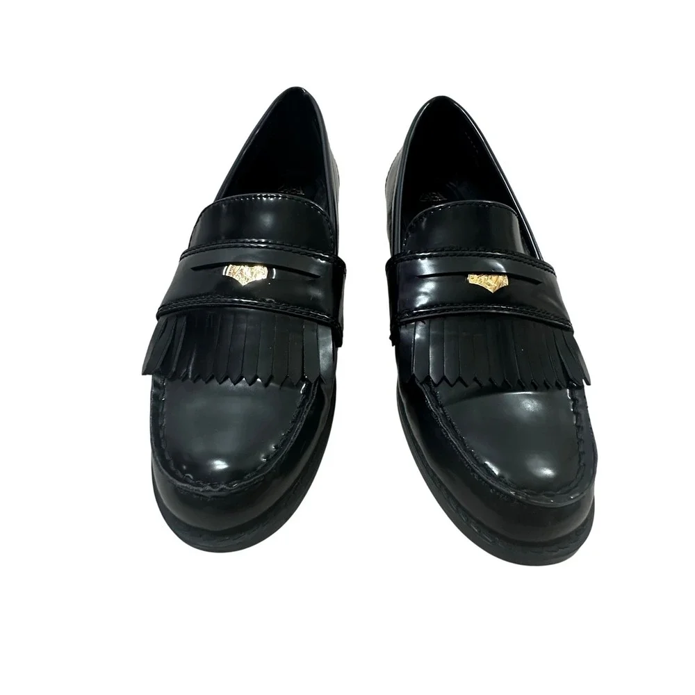Zara Black Patent Kiltie Penny Loafers Gold Crest Fringe EUR 36 US 6 Womens‎